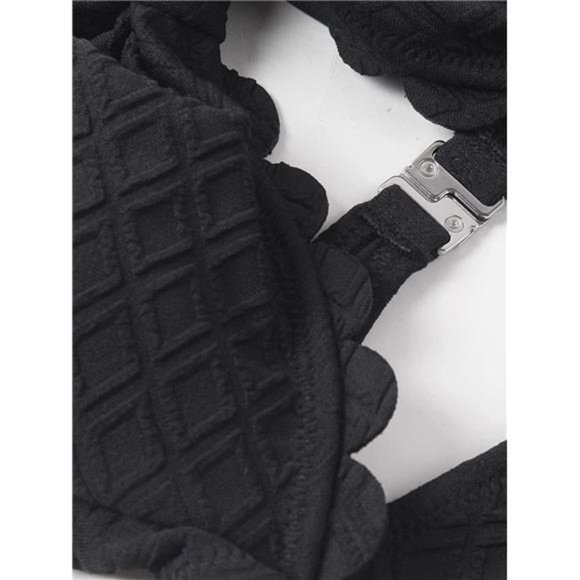 Women's One Piece Swimsuit Sexy Black Cutout Scallop Trim Bathing Suit - Picture 4 of 6